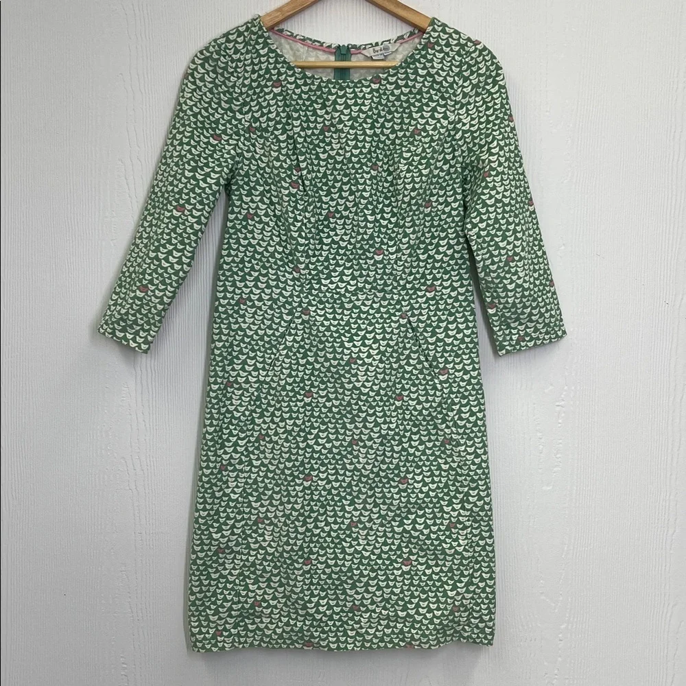 Boden - Hannah Corduroy Quarter Sleeve Green And Pink Bird Print Midi Dress 4R